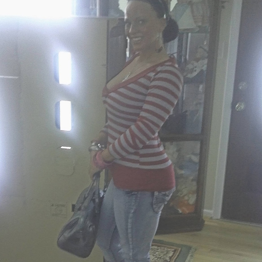 Guess Pink & Grey Striped Vneck Top